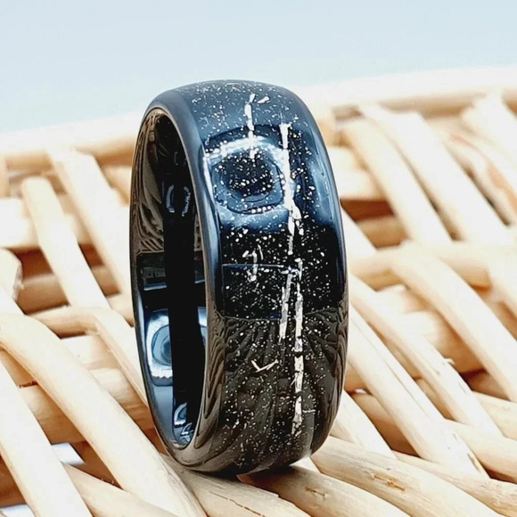 "Black Tungsten Ring With Galaxy Meteorite Inlay, GALTUN914